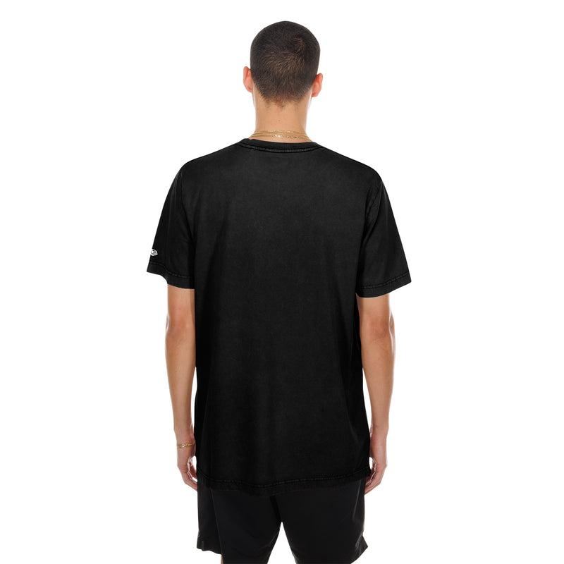 Men's black gothic graphic tee back view, plain with small sleeve logo