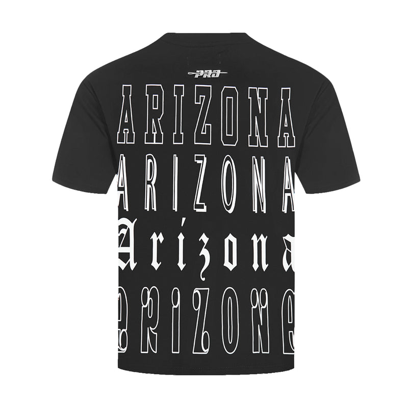 Men's black crewneck tee with large 'ARIZONA' wordmark on back