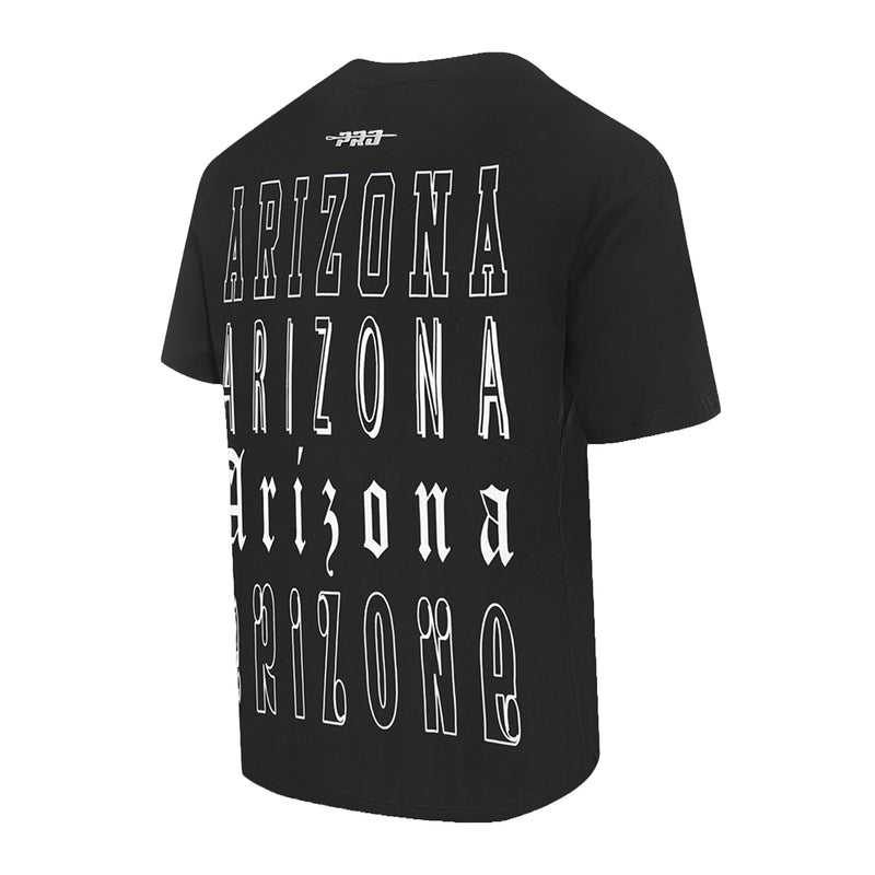 Men's black crewneck tee with back 'ARIZONA' graphic in stacked distressed letters