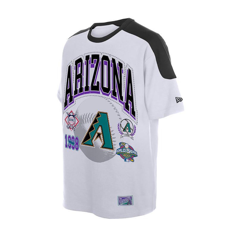 Men's white raglan varsity tee with black sleeves and Arizona logo graphic