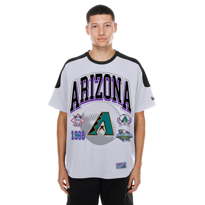 Men's white raglan varsity tee with black sleeves and front Arizona team patch