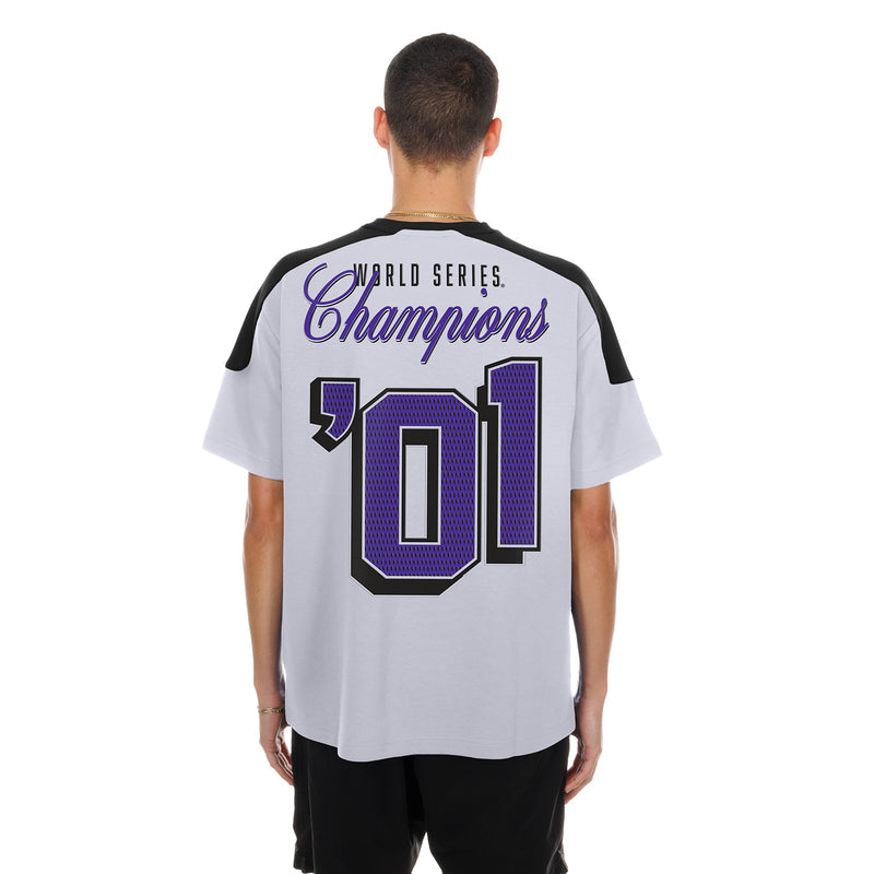 Men's white raglan varsity tee with black sleeves and World Series Champions 21 back print