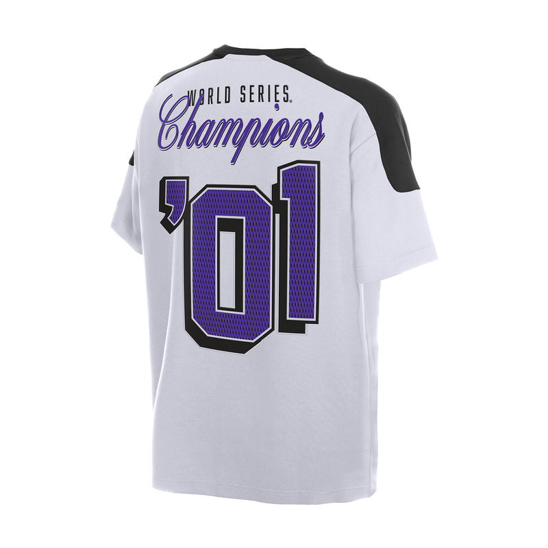 Men's white raglan varsity tee with black sleeves and large 21 World Series Champions back print