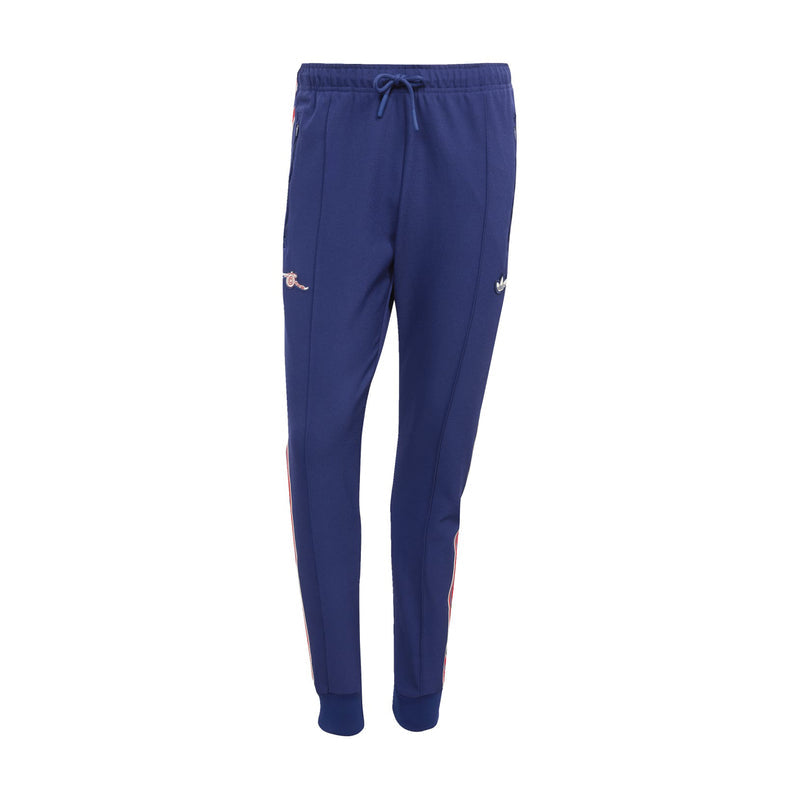 Men’s blue track pants with drawstring waist and tapered legs, side logo patches