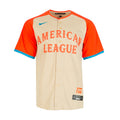 Men's baseball jersey with orange sleeves, cream body, American League lettering