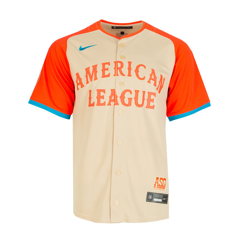 Men's baseball jersey with orange sleeves, cream body, American League lettering