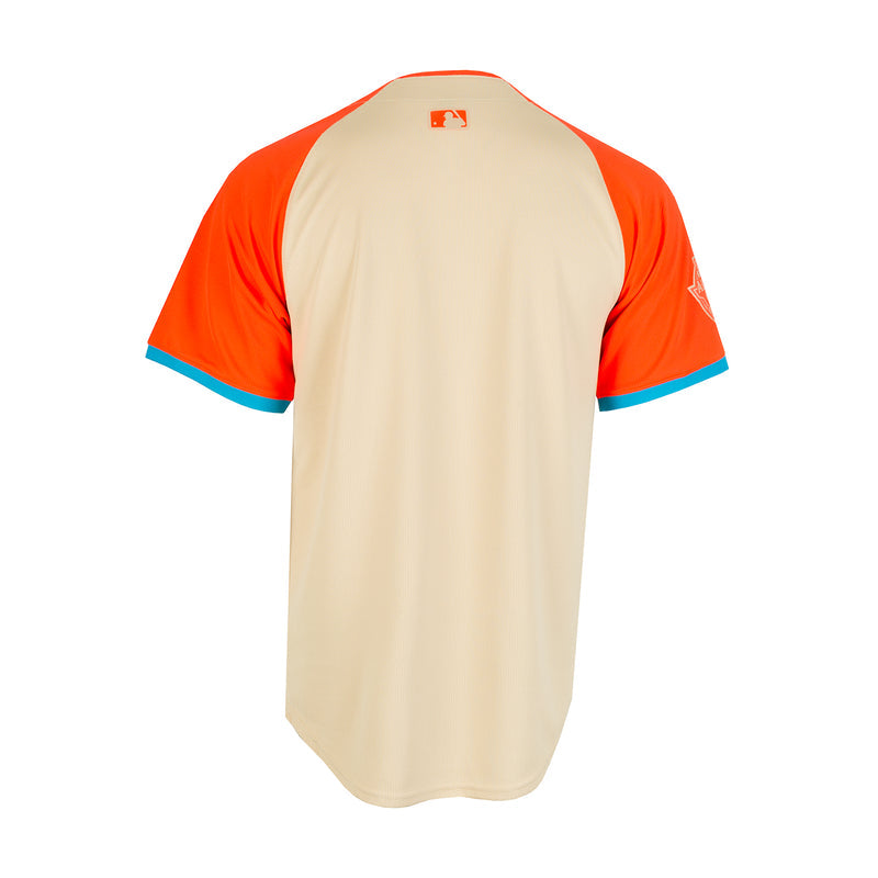 Men's baseball jersey back view in orange and cream with small MLB logo
