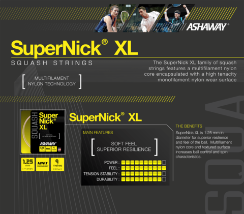 Ashaway Supernick XL 17 Squash String Set - White/Red/Blue - atr-sports