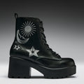 Black boot with embroidered designs on a gradient background