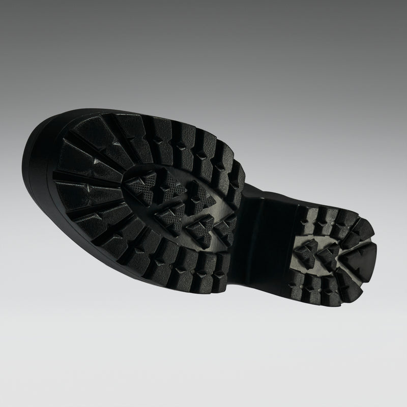 Close-up of a black rubber sole on a gray background