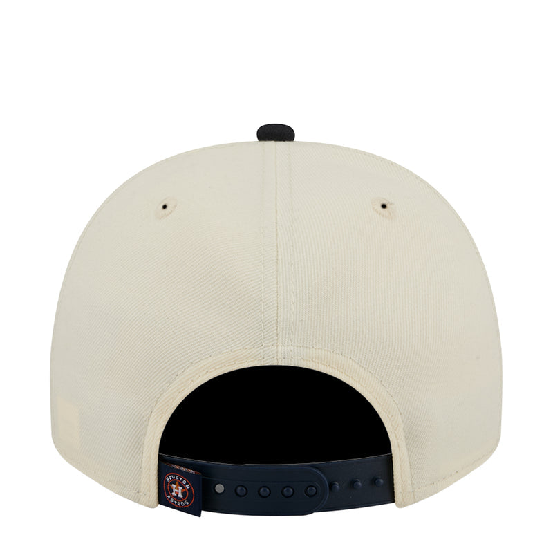 Two-tone A-frame baseball cap, cream back panel with adjustable strap