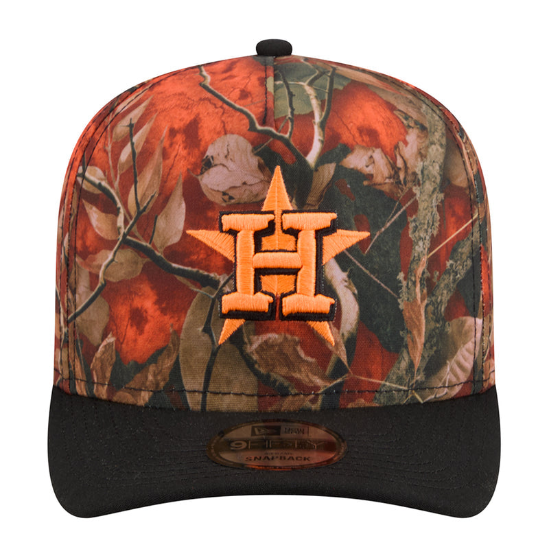 Two-tone baseball cap with orange camo leaf pattern and front Astros H logo; black brim