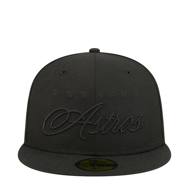 Black baseball cap with embroidered script logo on front