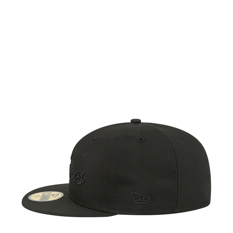 Black baseball cap with embroidered side logo and flat brim