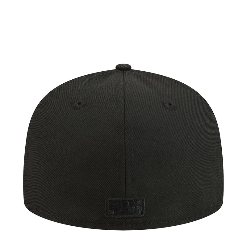 Black baseball cap, back view, with fabric brand patch