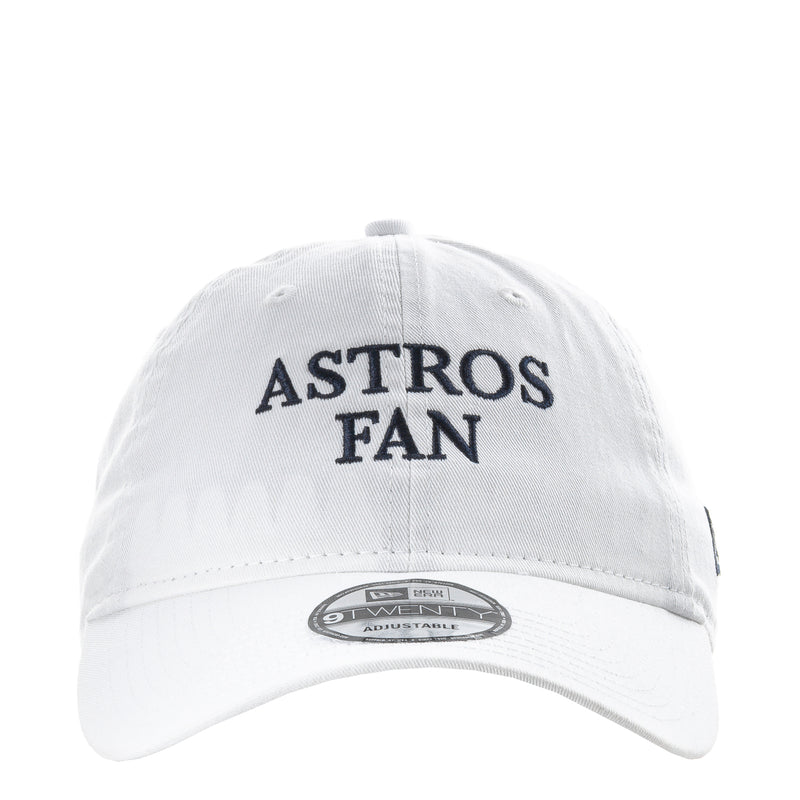 White baseball cap with "ASTROS FAN" text on the front panel