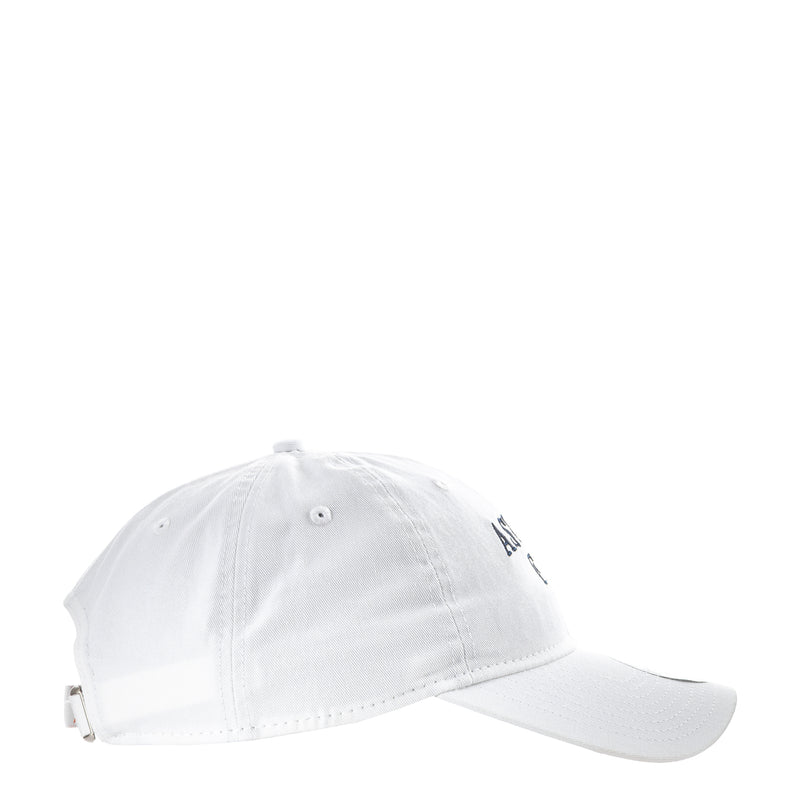 White adjustable baseball cap with small side emblem near the crown