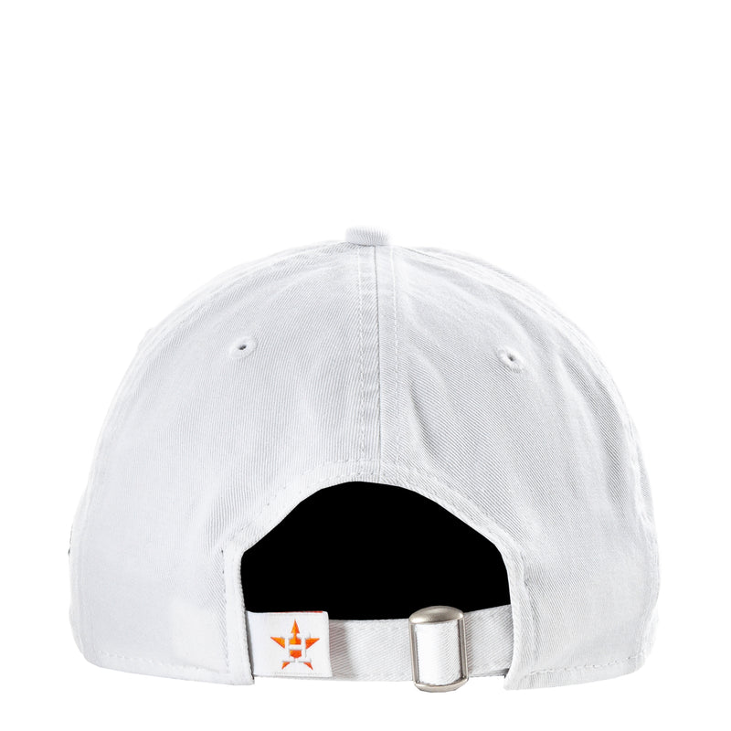 White baseball cap with back strap and metal buckle inside the opening