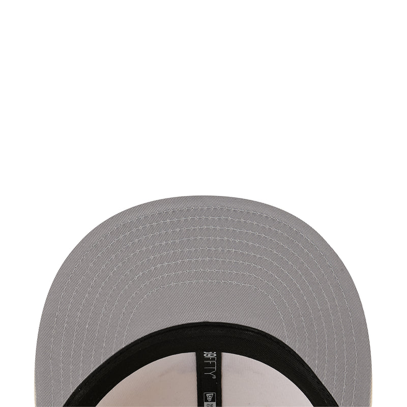 Gray baseball cap close-up with black underside band and stitched panels