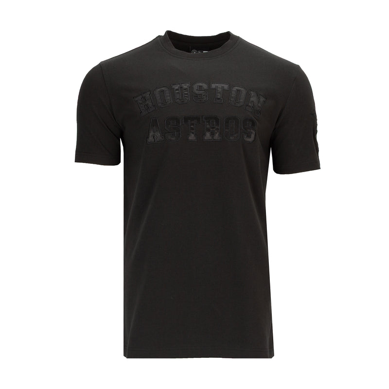 Black crew-neck men’s T-shirt with distressed Astros logo graphic on the chest