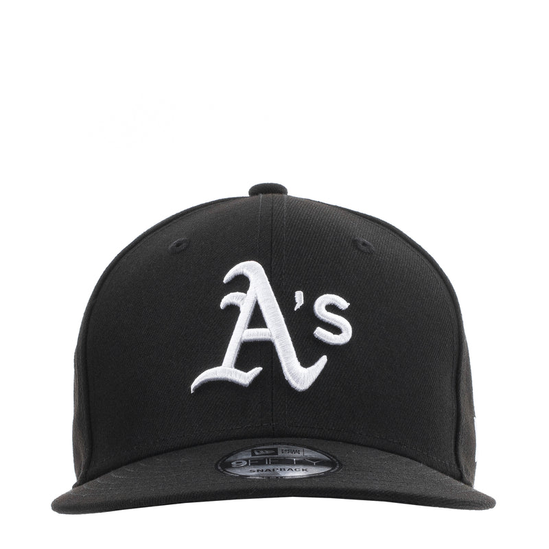 Black baseball cap with white A’s logo on the front panel