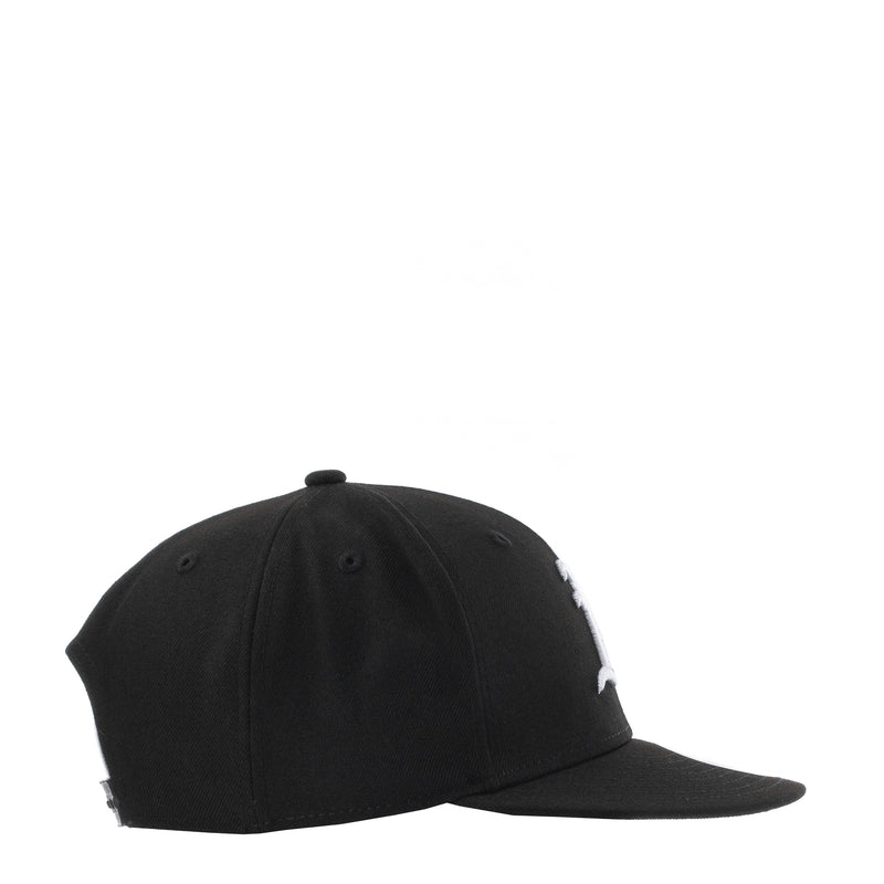 Black baseball cap, side view with small white logo on brim