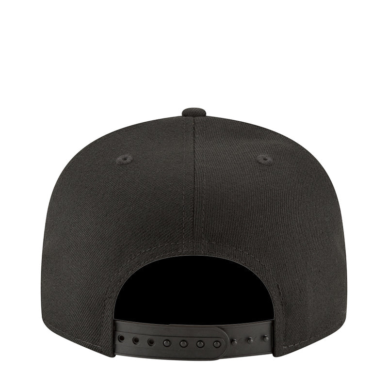 Black baseball cap back view with adjustable snapback strap