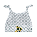 Infant knit beanie in white with football pattern and yellow Oakland A's logo