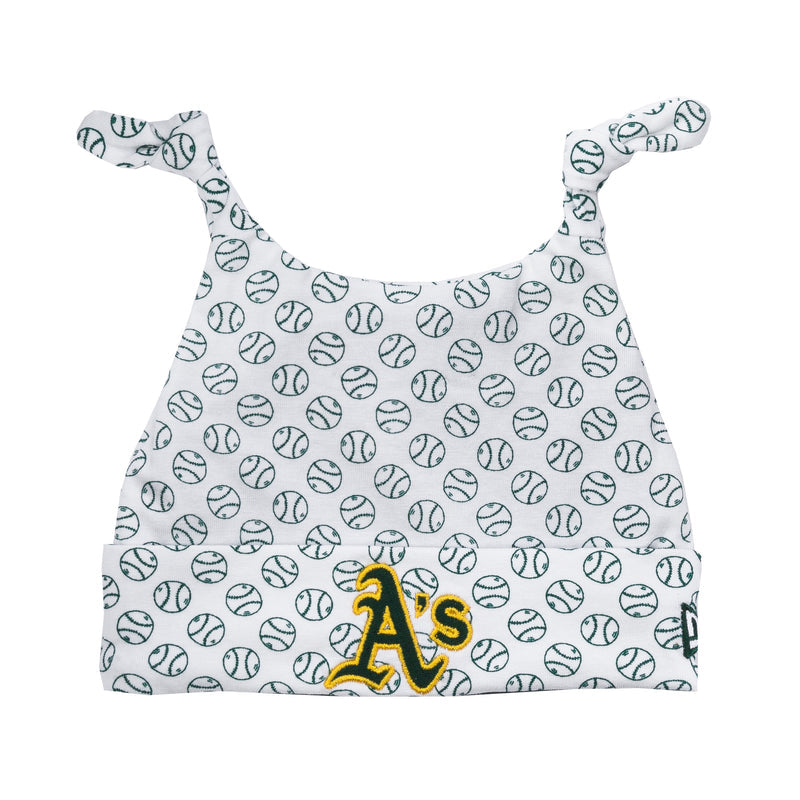 Infant knit beanie in white with football pattern and yellow Oakland A's logo