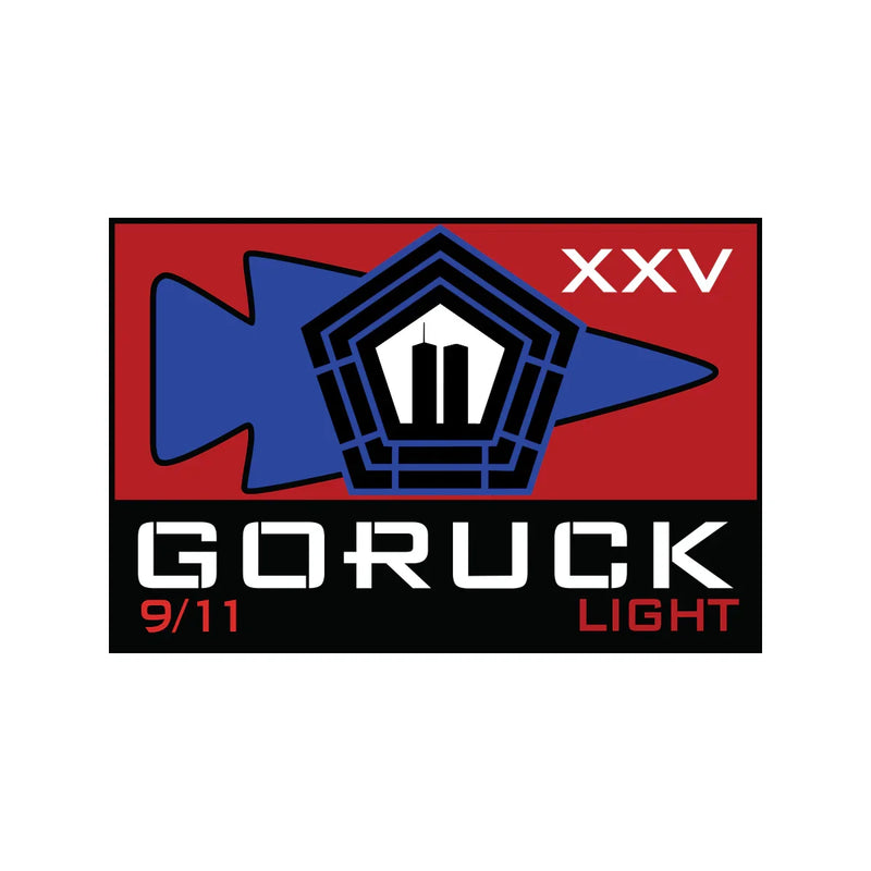 GORUCK 9/11 Light event patch with Pentagon, Twin Towers, arrowhead, and XXV on red and black