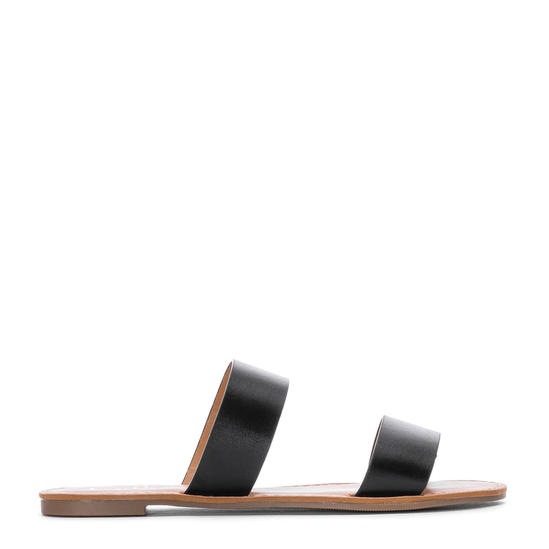 Women's black two-band slide sandal with tan footbed and wide straps