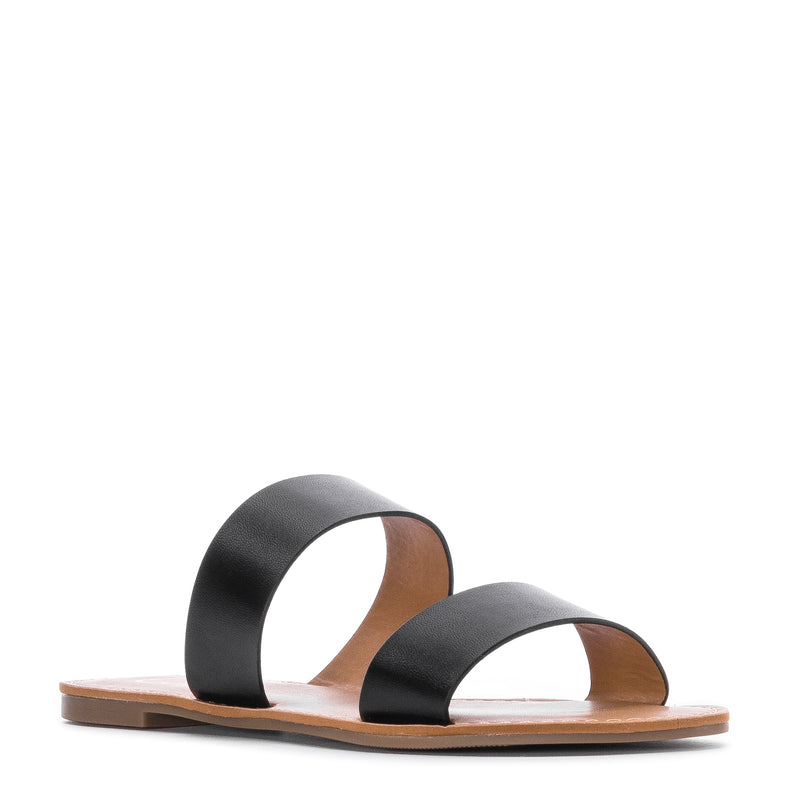 Women's black two-band slide sandal with open toe and tan outsole
