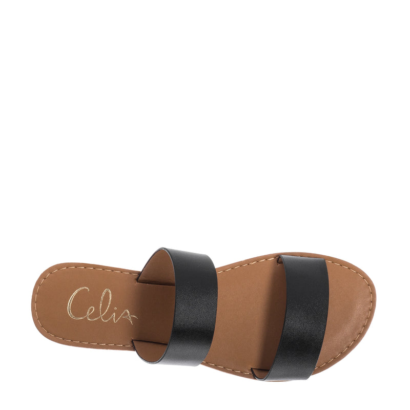 Women's black two-band slide sandal with tan footbed and 'Celia' lining
