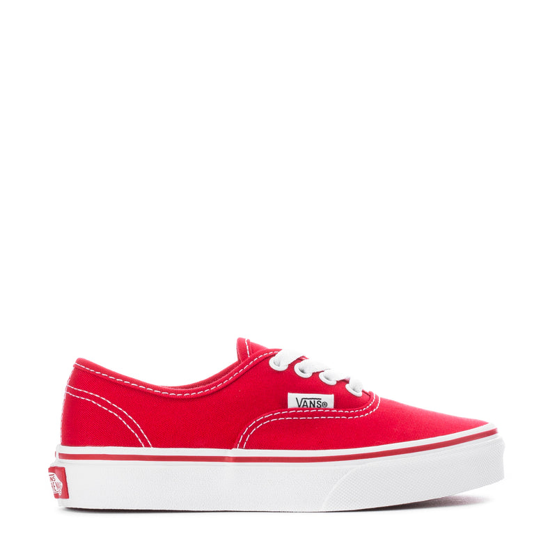 Kids red canvas low-top sneakers with white laces and VANS logo patch