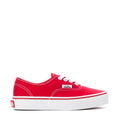 Kids red canvas low-top sneakers with white laces and VANS logo patch
