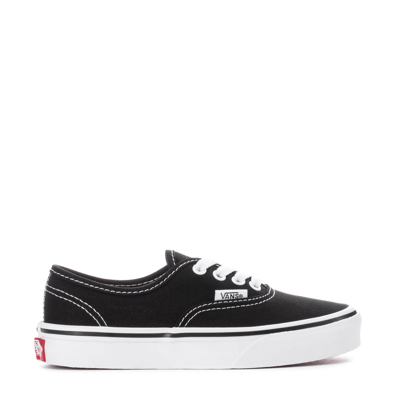 Kids' Vans black canvas sneakers, white laces, sidewall stitching