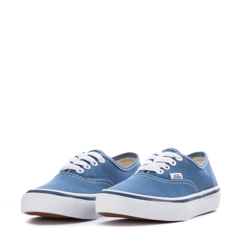 Pair of kids navy canvas Vans sneakers with white laces and white platform sole