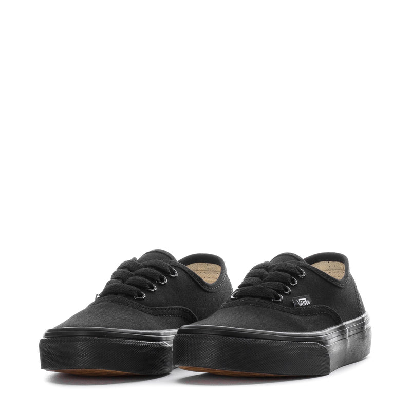 Pair of kids black Vans lace-up sneakers, front and side angle view
