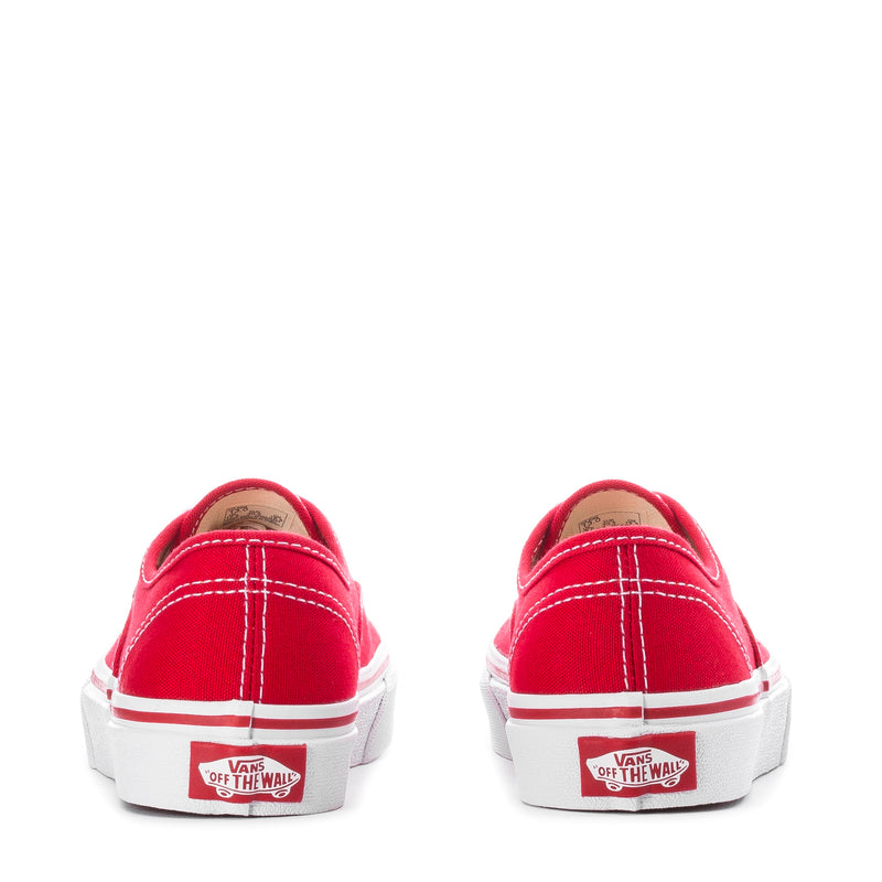 Kids red Vans sneakers with white stripe and rear logo label