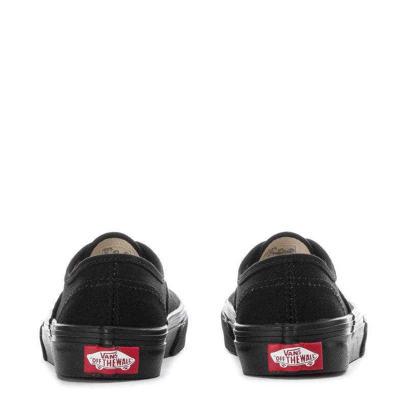 Kids black Vans lace-up sneaker back view with red "Off the Wall" label