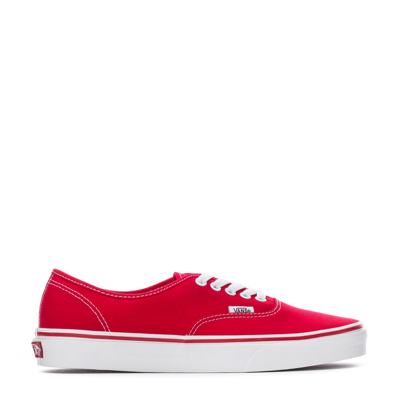 Red Vans Authentic men's canvas sneakers, low-top lace-up with white sole and laces