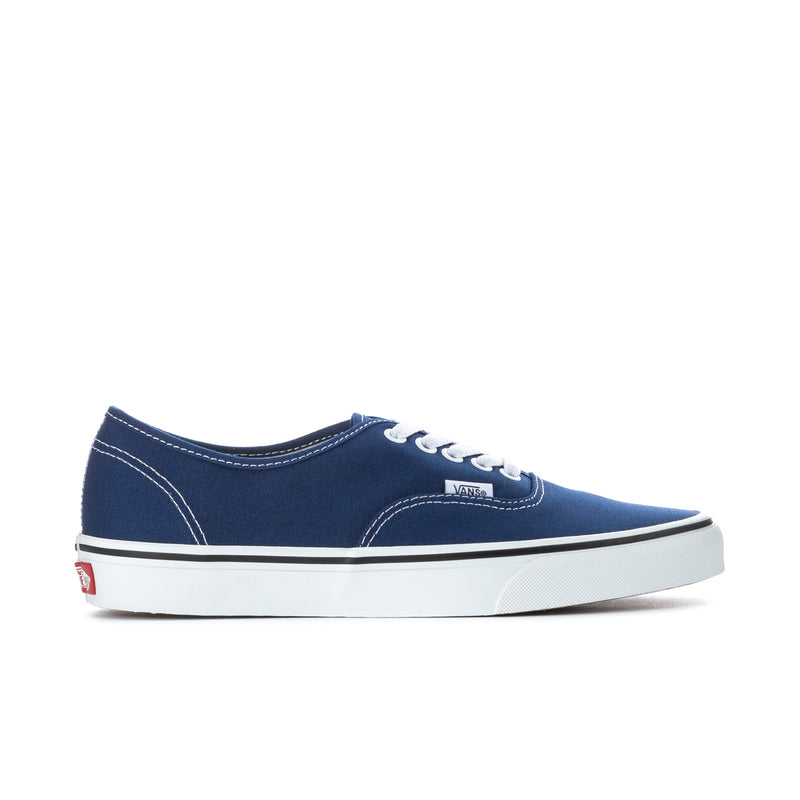 Men's blue canvas low-top sneakers with white laces and white rubber sole