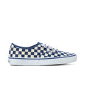 Low-top checkerboard sneakers with blue and white canvas uppers, lace-up