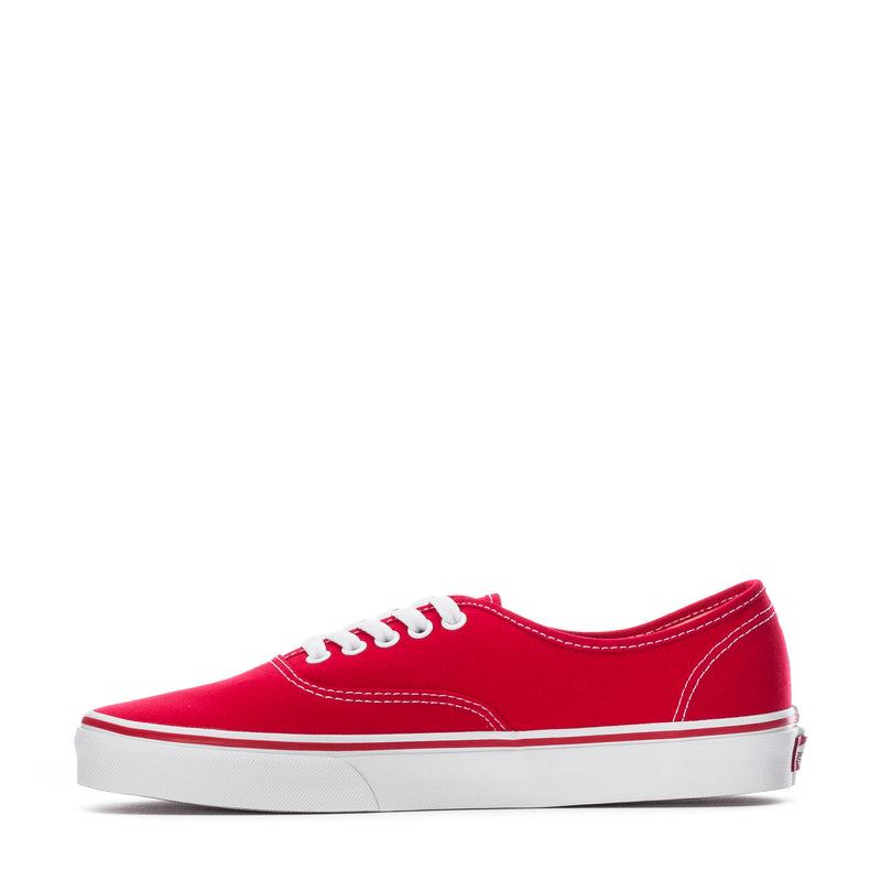Red Vans Authentic men's canvas sneaker, side profile with white stripe and laces