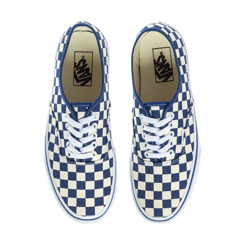Blue and white checkerboard Vans low-top sneakers, front view with VANS logo