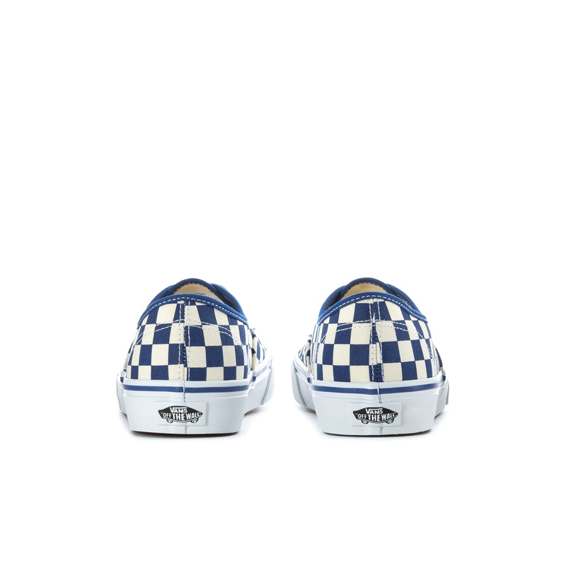 Blue and white checkerboard Vans low-top sneakers, back view with logo on heel