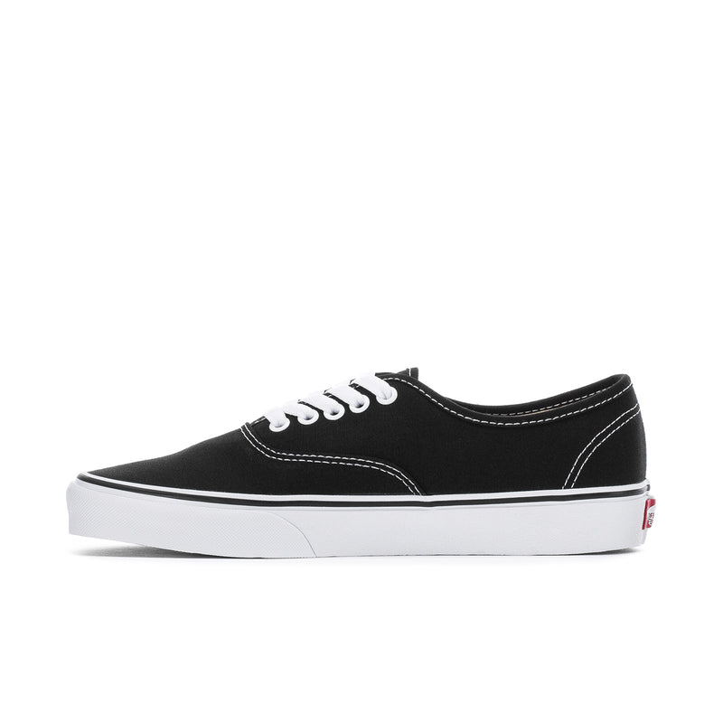 Men's black canvas sneakers with white laces and white rubber sole, low profile