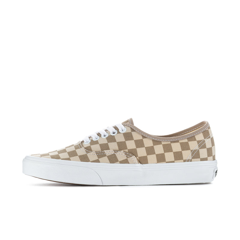 Checkerboard canvas lace-up sneakers, side profile with white sole