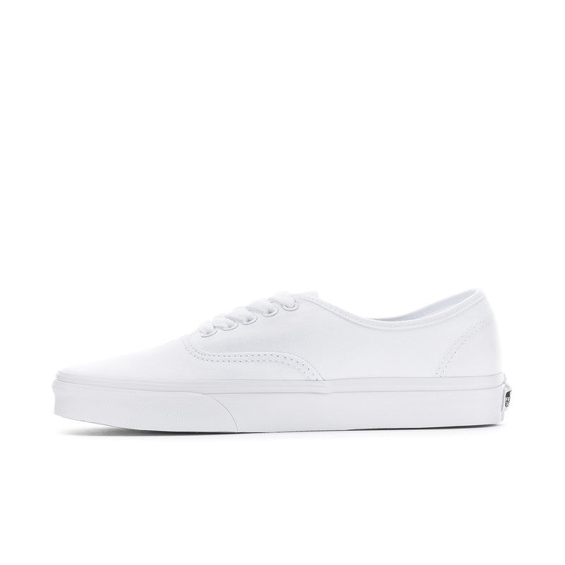 Men's white Vans Authentic low-top sneaker, angled side view with stitching