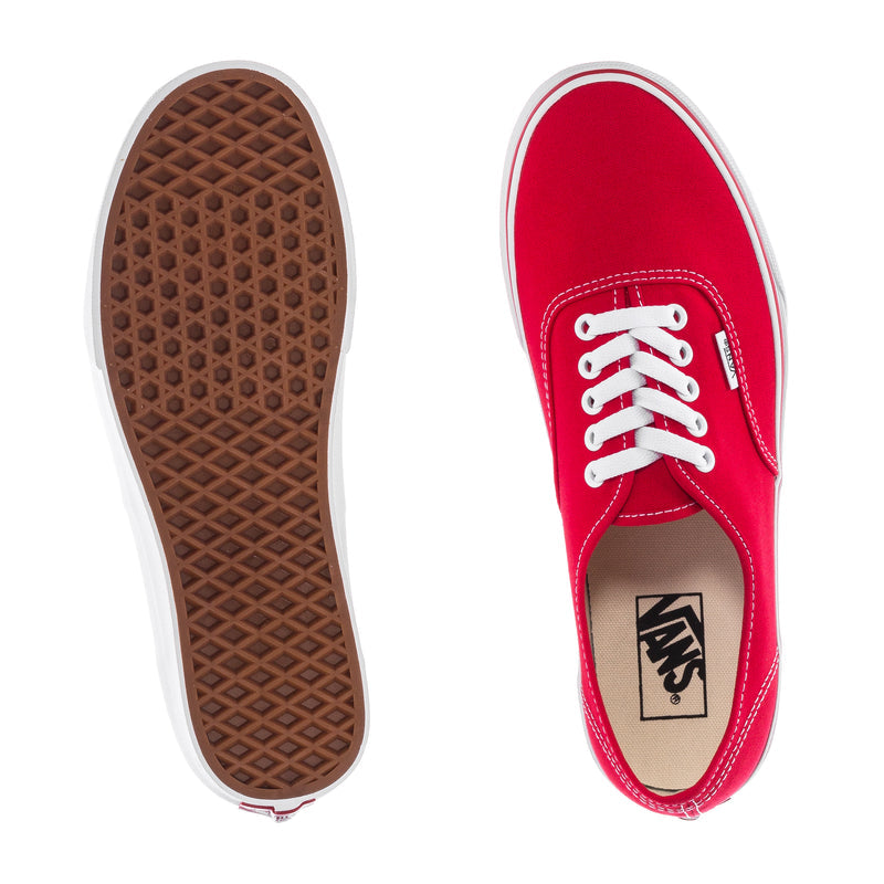 Red Vans Authentic men's sneakers, lace-up canvas with white laces; outsole view